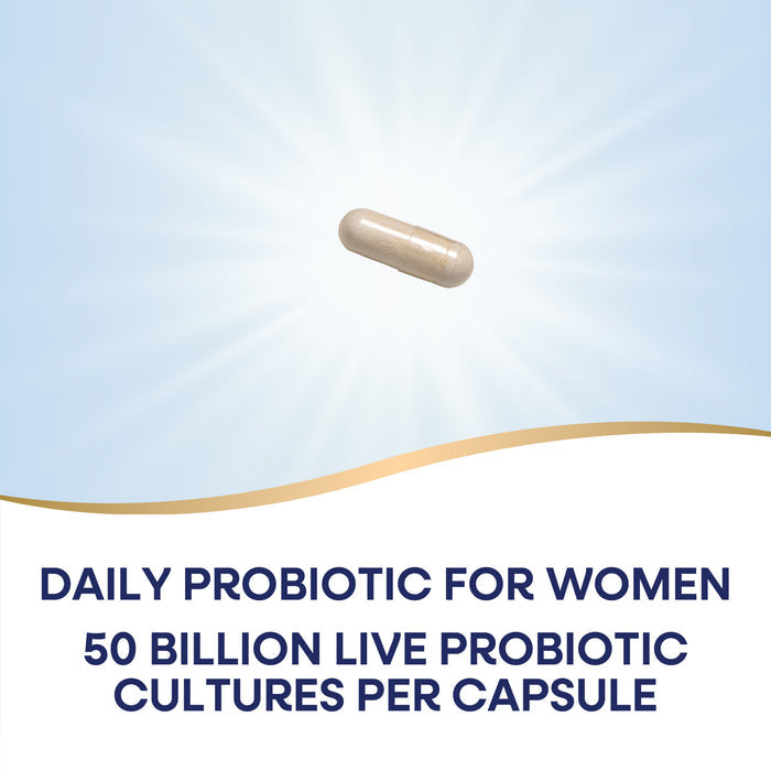 A Fortify® Optima® Womens 50 Billion Probiotic capsule by Natures Way sits on a light blue background with radiating lines. Text below reads: DAILY PROBIOTIC FOR WOMEN 50 BILLION LIVE CULTURES PER CAPSULE for digestive and immune health.