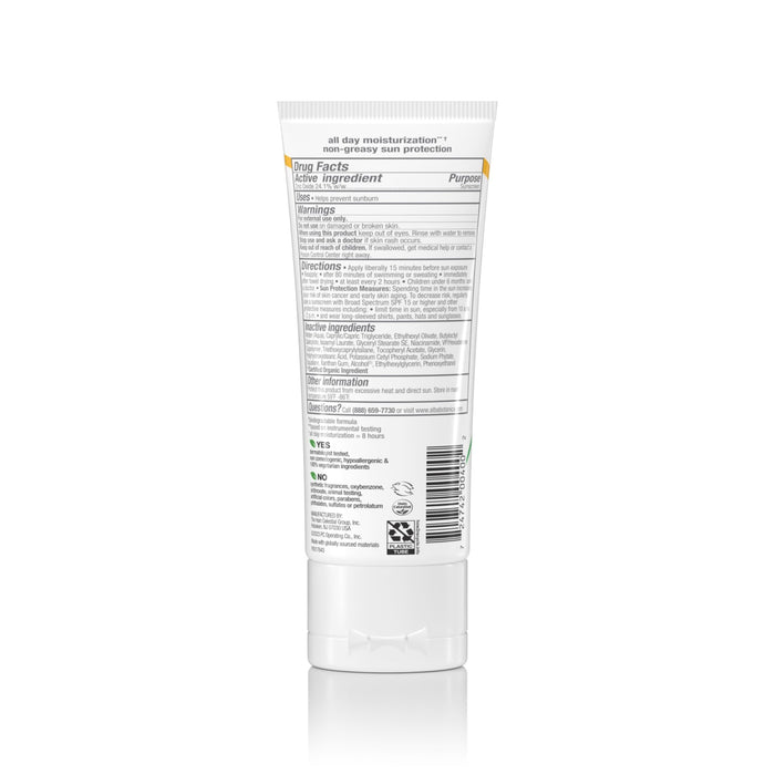An upright white tube of Alba Botanica Fragrance Free Sheer Mineral SPF 50 displays its back label—showing drug facts, directions, and ingredients in black text. The cap sits at the bottom against a white background.