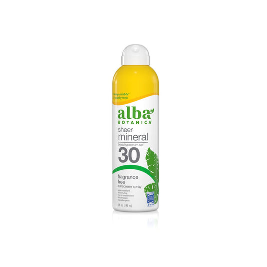 An Alba Botanica Fragrance Free Sheer Mineral Sunscreen Spray SPF 30 is ideal for sensitive skin. The bottle is primarily white with yellow top, green accents, and a green leaf near the base. It features a lightweight formula and is labeled as fragrance-free.