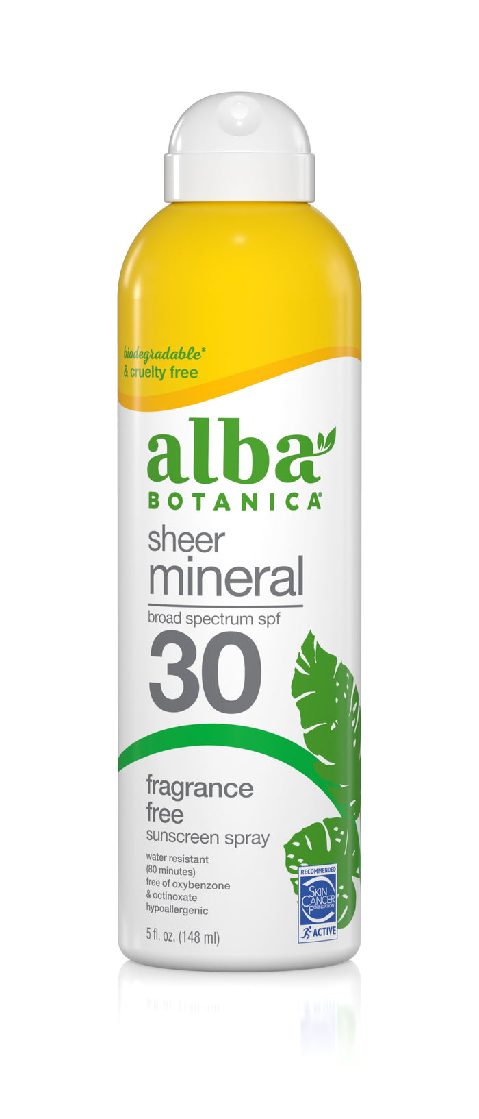 Alba Botanicas Fragrance-Free Sheer Mineral Sunscreen Spray SPF 30 is in a yellow and white can, offering a lightweight, biodegradable, cruelty-free, fragrance-free, water-resistant formula. Its hypoallergenic and perfect for sensitive skin. Each can contains 5 fl oz (148 ml).