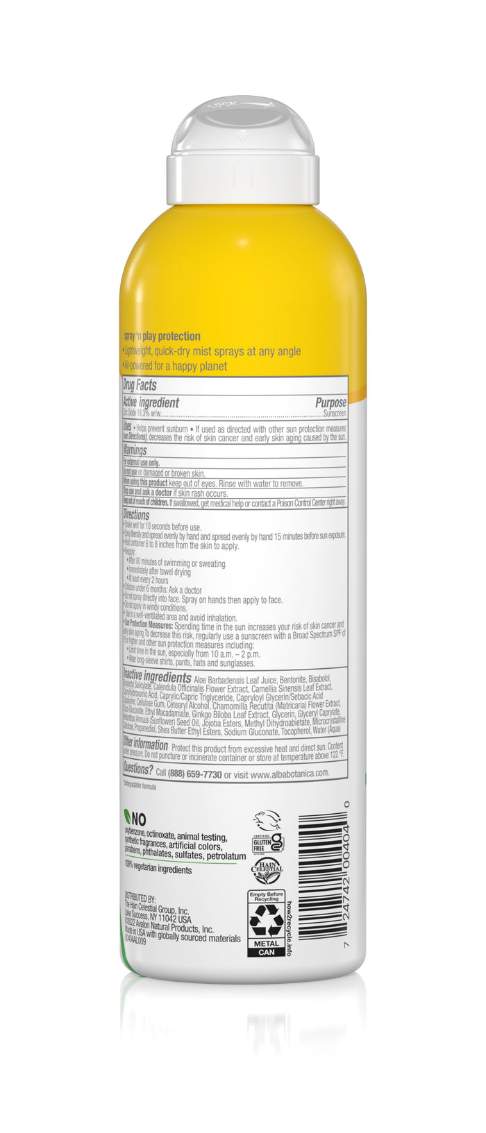 The product is an aerosol can with a yellow top and white body, featuring text and graphics on the back label. It contains Fragrance Free Sheer Mineral Sunscreen Spray - SPF 30 by Alba Botanica, with drug facts, active ingredients for sensitive skin, directions for use, contact info, and certification logos.