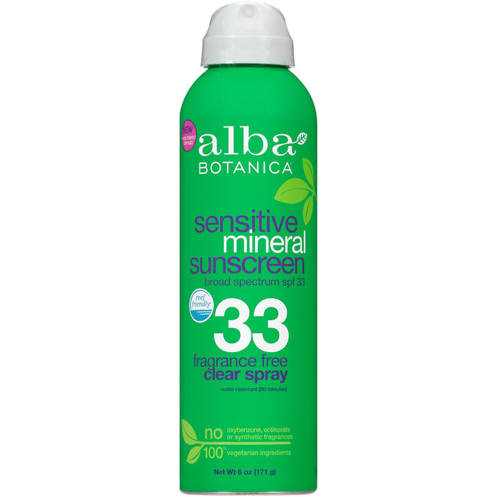 The Alba Botanica Fragrance Free Sheer Mineral Sunscreen Spray is perfect for sensitive skin. This lightweight, green spray offers SPF 30, is broad spectrum and free of oxybenzone and octinoxate, using only 100% vegetarian ingredients.