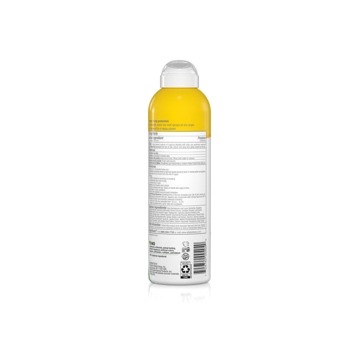The Alba Botanica Fragrance Free Sheer Mineral Sunscreen Spray - SPF 30 comes in a white can with a yellow cap. The back label details product info and instructions for the lightweight formula, featuring symbols for recycling and certifications, ideal for sensitive skin.
