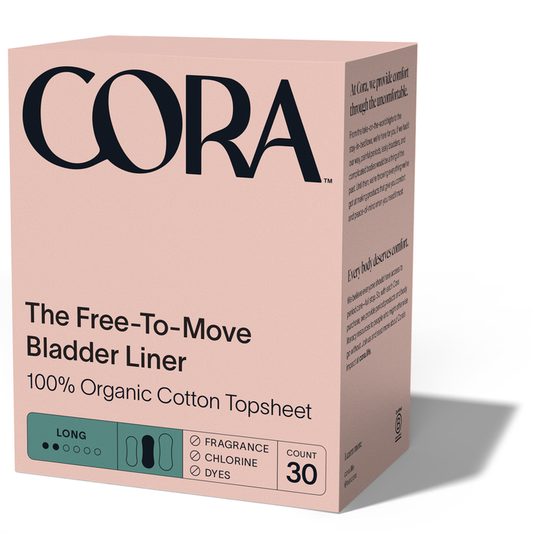 Coras Organic Bladder Liners come in a pink box labeled The Free-To-Move Bladder Liner and feature a 100% Organic Cotton Topsheet. This 30-count package is moisture-wicking, fragrance-free, chlorine-free, and dye-free for ultimate comfort.