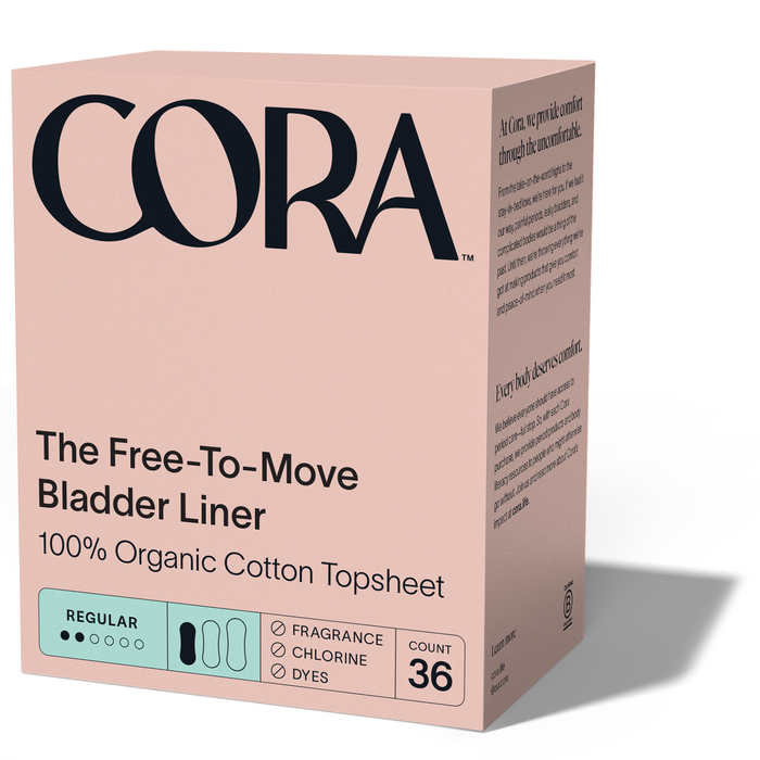 A pink box of Cora Organic Bladder Liners displays bold black CORA text. It features The Free-To-Move Bladder Liner, with a 100% organic cotton topsheet for moisture-wicking comfort and regular absorbency. Contains 36 liners.