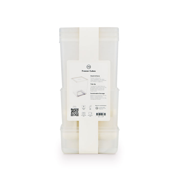 W&P Freezer Cubes feature a stackable, transparent design with a white label. The label includes product details, a QR code, and highlights benefits like sustainable storage, freeze & store functionality, and no-tip for organized food storage.