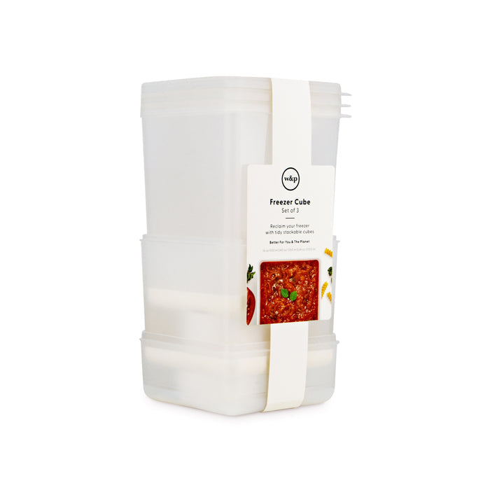 W&Ps Freezer Cubes are stackable transparent square containers with a white band, labeled Freezer Cubes, and showcasing food images. They provide an eco-friendly solution for organizing freezer space efficiently.