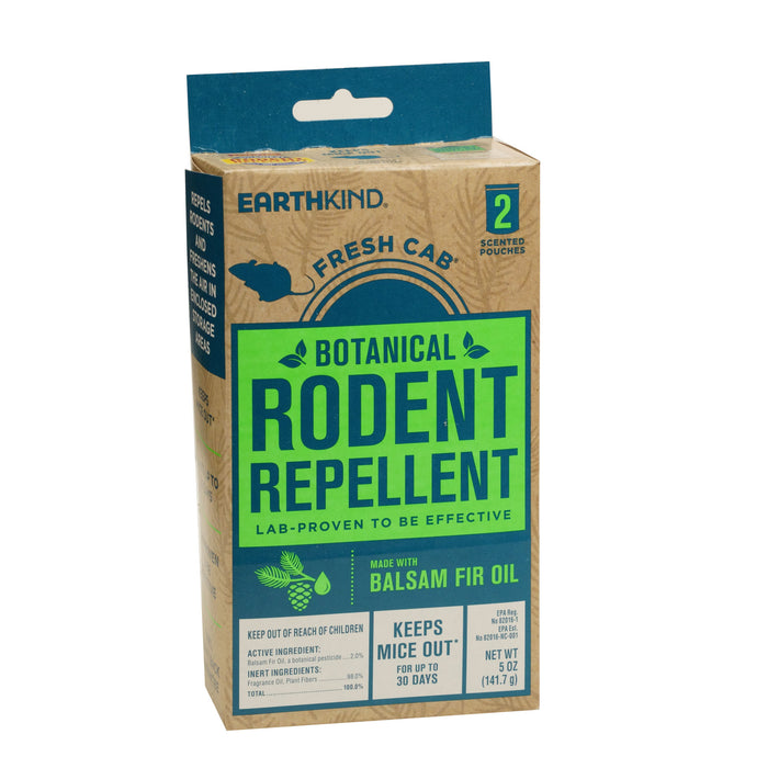A box of Earthkind Fresh Cab® Botanical Rodent Repellent with green and blue text, labeled “Lab-Proven Effective,” “Made with Balsam Fir Oil,” and “Keeps Mice Out.” Contains 2 scented pouches for rodent protection.