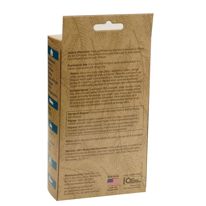 The back of the brown Fresh Cab® Botanical Rodent Repellent box by Earthkind displays directions, warnings, warranty info, manufacturer details, an American flag, certification logos, and info about botanical pouches for rodent protection.