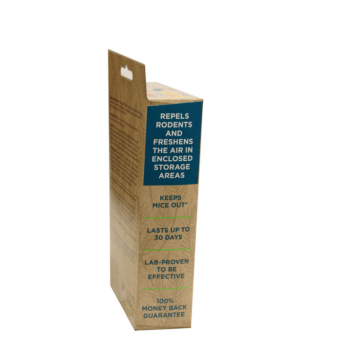 Earthkind’s Fresh Cab® Botanical Rodent Repellent repels rodents, freshens air in storage areas, provides up to 30 days of rodent protection, is lab-proven effective, and comes with a 100% money-back guarantee.