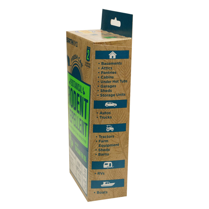 Fresh Cab® Botanical Rodent Repellent by Earthkind comes in a box with icons and a list of areas for use—basements, attics, garages, tractors, RVs, boats, and more—ensuring effective rodent protection wherever needed.