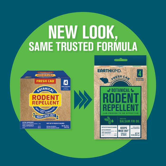 Two packages of Earthkind Fresh Cab® Botanical Rodent Repellent are shown for botanical pest control, with an arrow from the old box on the left to the new pouch on the right. Above, text reads: New look, same trusted formula.