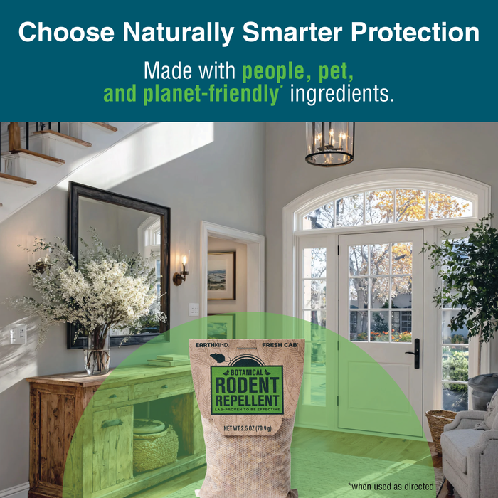 Earthkind’s Fresh Cab® Botanical Rodent Repellent sits in a sunlit living room with large windows, a staircase, and a plant. Text highlights its people-, pet-, and planet-friendly ingredients for safe, effective mouse and rodent protection.