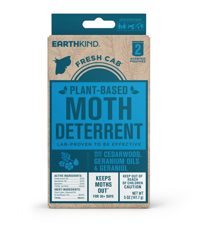 Front view of Earthkind Fresh Cab® Moth Deterrent packaging, a plant-based formula with cedarwood, geranium oils, and geraniol. Includes 2 scented pouches; protects pantry and clothes from moths for over 30 days.