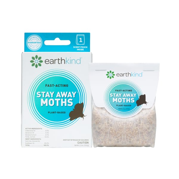 Earthkind offers Stay Away® Moths, featuring a teal and white box with a moth silhouette, and a matching pouch with plant-based material. Both have a circular logo with green leaves that provide chemical-free moth prevention using essential oils.