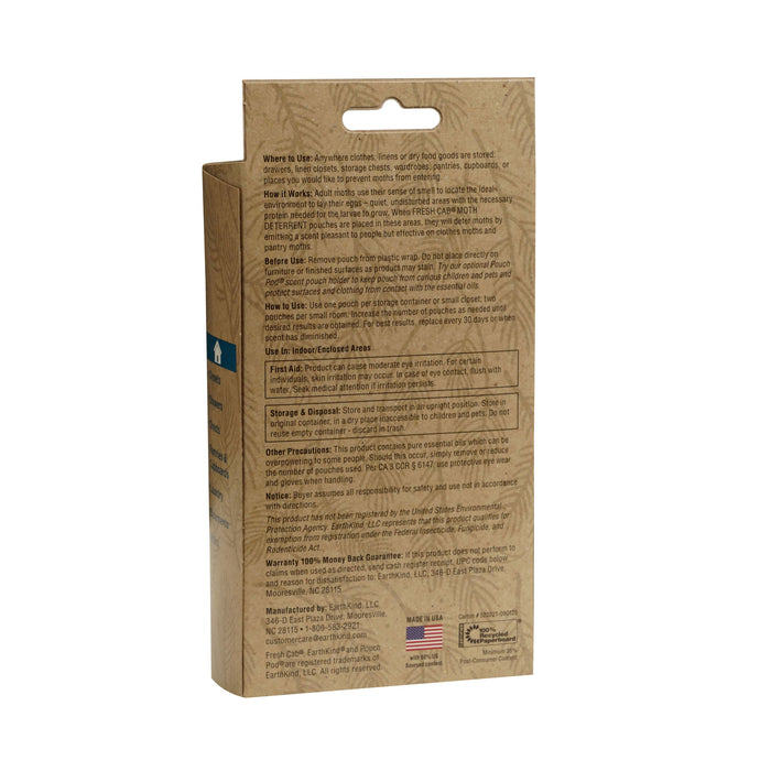 The back of a brown cardboard Fresh Cab® Moth Deterrent box by Earthkind displays instructions, usage tips, first aid info, storage and caution details, recycling info, and a money-back guarantee for this plant-based closet moth repellent.