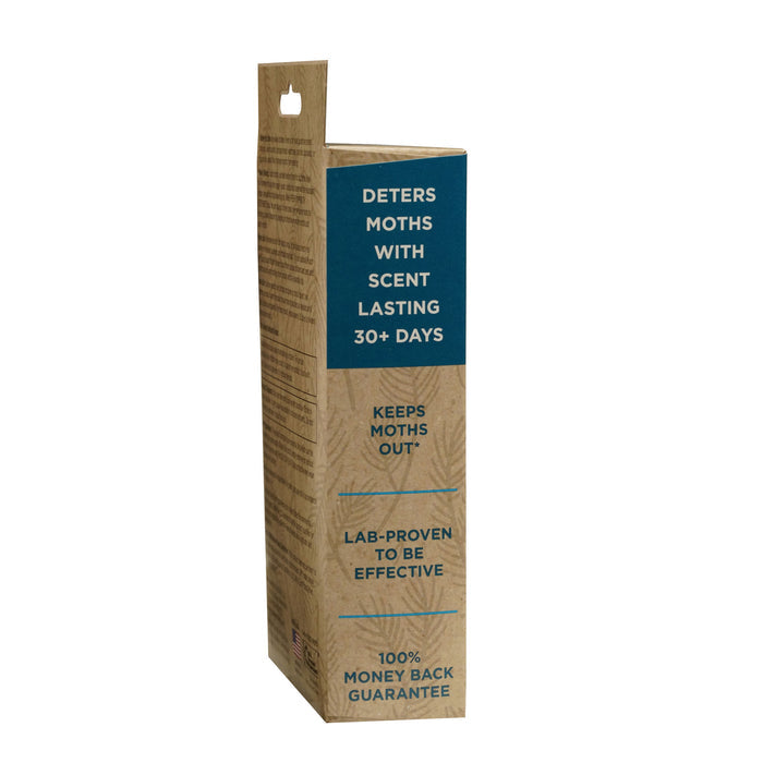 A brown and blue Fresh Cab® Moth Deterrent box by Earthkind with text: Plant-based scent lasts 30+ days, keeps moths out, lab-proven closet protection, 100% money-back guarantee.
