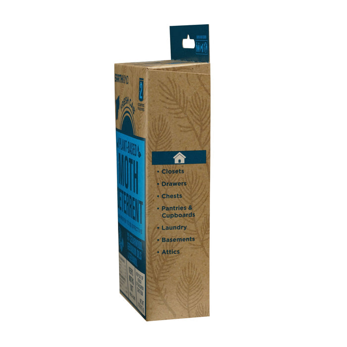 A cardboard box labeled Fresh Cab® Moth Deterrent by Earthkind stands upright. Blue and white text highlights its use in closets, drawers, pantries, laundry rooms, basements, and attics. Packaging displays a botanical leaf pattern.