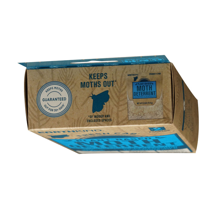 The Earthkind Fresh Cab® Moth Deterrent is a brown and blue box labeled "Keeps Moths Out" and "Guaranteed for 30+ days," with a blue moth icon—ideal for effective closet moth protection.