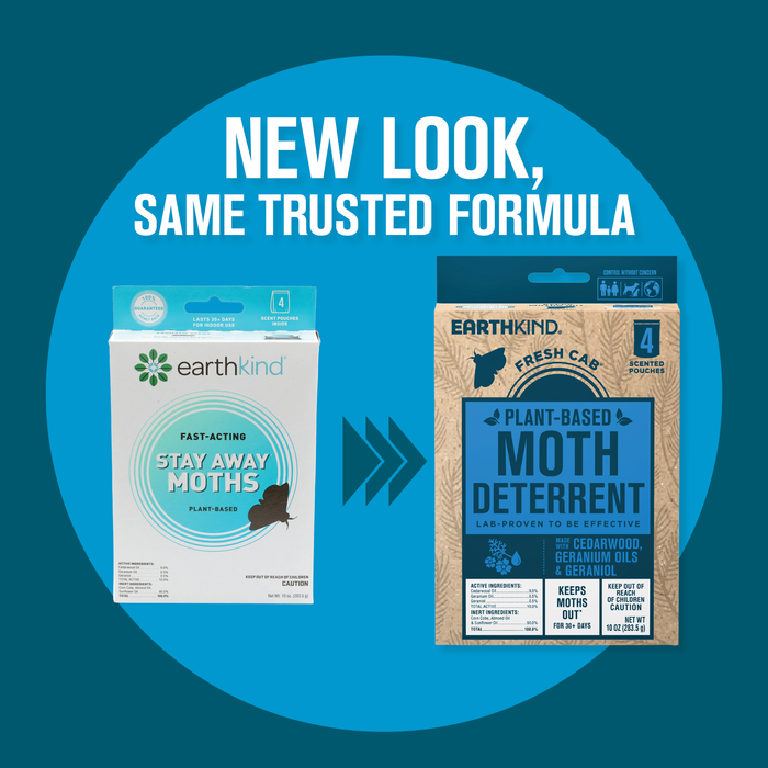 Two boxes of Earthkind Fresh Cab® Moth Deterrent are shown side by side with new packaging—one white and green, one tan and blue. Text above says: New Look, Same Trusted Formula for reliable pantry moth protection.