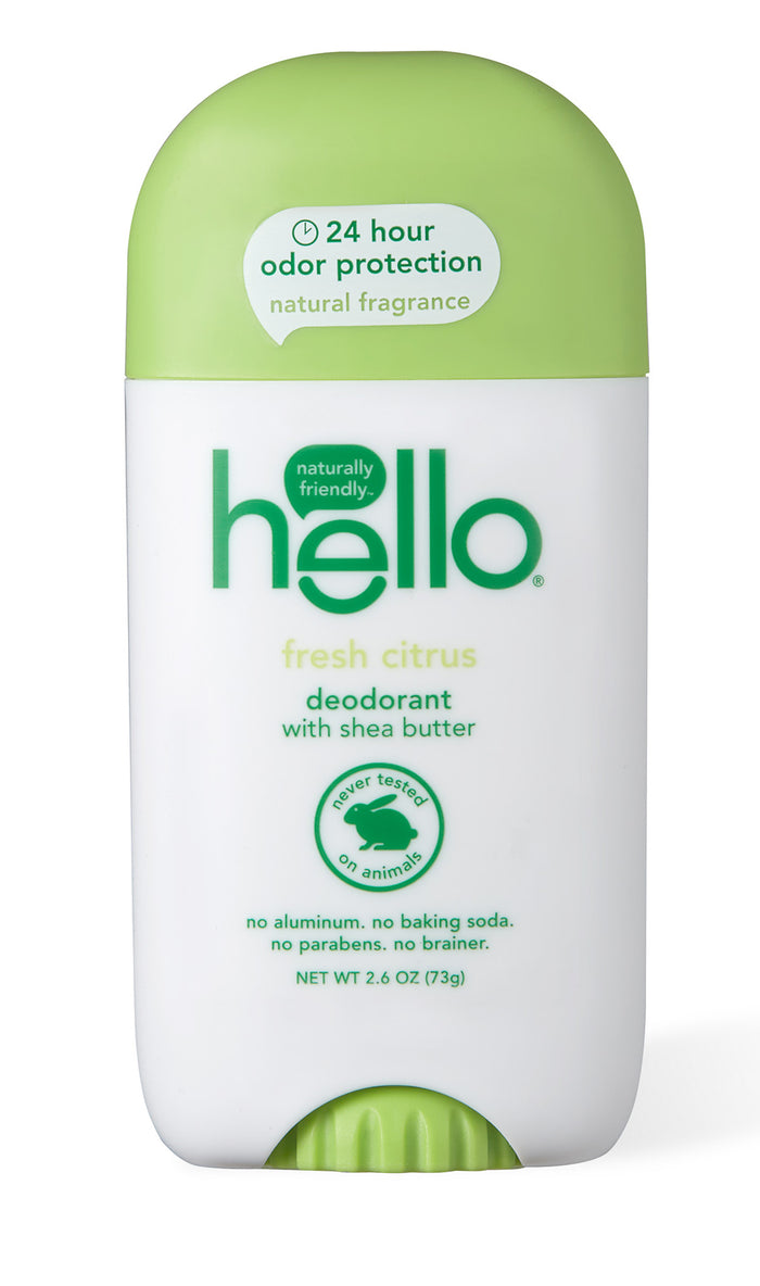 The hello Fresh Citrus Deodorant with Shea Butter features a refreshing scent from natural fragrances, offering 24-hour odor protection without aluminum, baking soda, or parabens. This green and white stick is cruelty-free, ensuring you feel good inside and out.