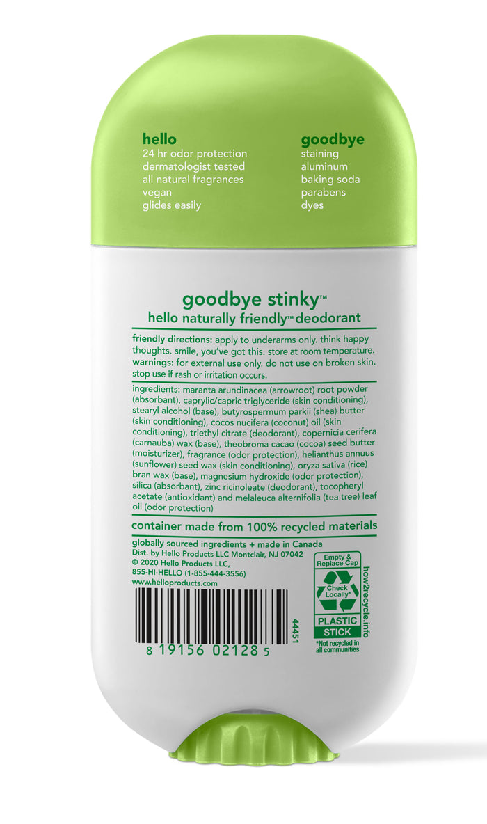 The back of the hello Fresh Citrus Deodorant with Shea Butter stick features product info emphasizing odor protection, natural fragrances, and cruelty-free status. It lists ingredients, contact details, recycling information, usage instructions, and a barcode at the bottom beneath its green top.