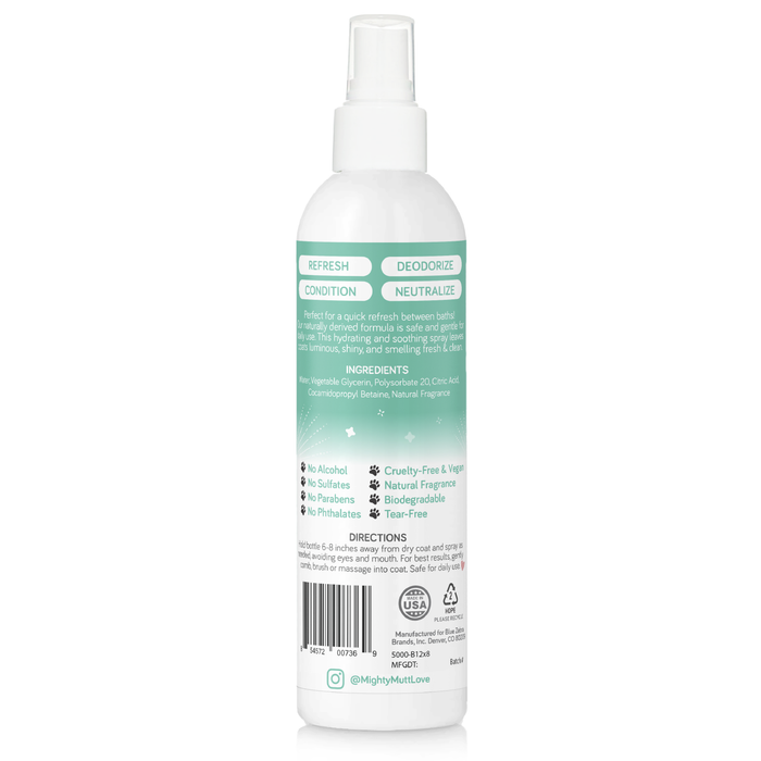 The Freshening Deodorizer Spray by Mighty Mutt is a white bottle with a green label highlighting natural, hypoallergenic ingredients. Its cruelty-free, vegan, biodegradable, and free from alcohol, sulfates, parabens, and phthalates—perfect as a dog deodorant spray.