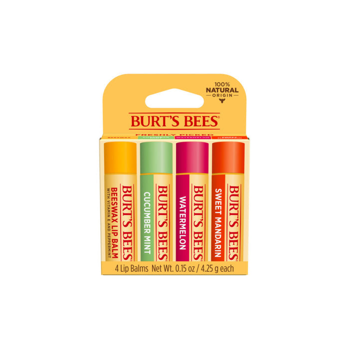 A pack of Burts Bees Freshly Picked Lip Balm includes four flavors: beeswax, cucumber mint, watermelon, and sweet mandarin. The yellow package with a cutout showcases the lip balms that moisturize and protect your lips.