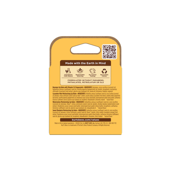 Back of a Burts Bees Freshly Picked Lip Balm package with a hanging tab highlights eco-friendly features and natural beeswax for moisturizing. Free from parabens, phthalates, petrolatum, and SLS. Includes icons and a QR code on an orange background.