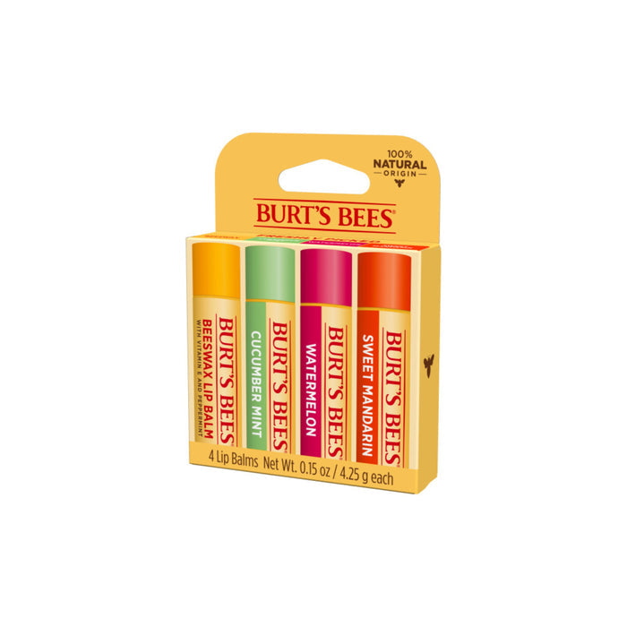 Discover Burts Bees Freshly Picked Lip Balm collection with four flavors: beeswax, cucumber mint, watermelon, and sweet mandarin. Each tube is color-coded, labeled, and packed in a vibrant yellow box for easy access.