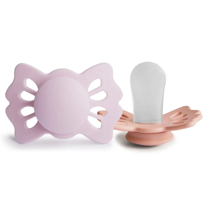 FRIGG LUCKY SYMMETRICAL SILICONE BABY PACIFIER | SOFT LILAC/PRETTY IN PEACH | 2-PACK