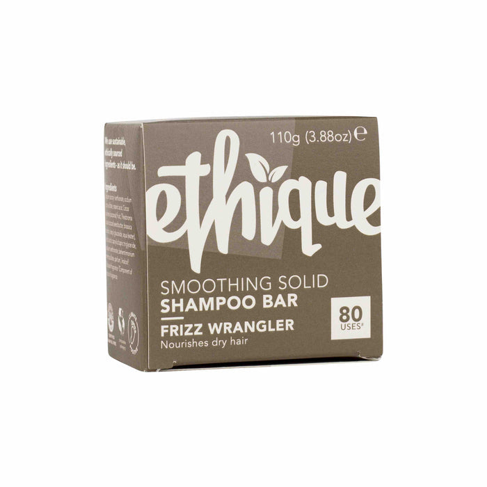 The Ethique Frizz Wrangler Smoothing Shampoo Bar for dry hair features chic brown and cream packaging, weighs 110g (3.88oz), and offers up to 80 uses.