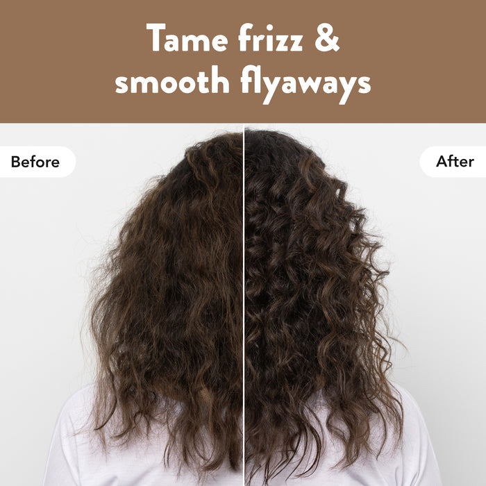 Before-and-after photo showing the back of a person's head. The left side, labeled 'Before', features frizzy, untamed hair, while the right side, labeled 'After', showcases smoother, more defined curls. Text at the top reads: "Tame frizz &amp; smooth flyaways.