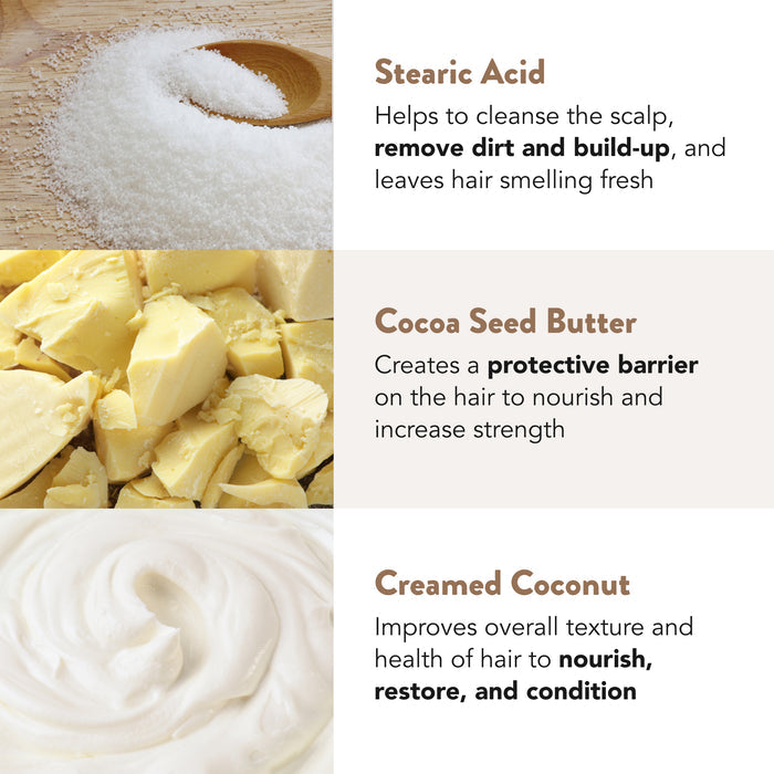 An image containing three sections, each with a picture and text. Top: Stearic Acid helps cleanse build-up for fresh hair. Middle: Cocoa Seed Butter provides a protective barrier and strength. Bottom: Creamed Coconut improves texture, nourishes, restores, and conditions hair.