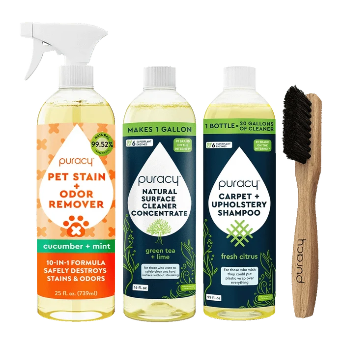 Explore Puracy's Fur Baby Bundle featuring Carpet & Upholstery Shampoo, Surface Cleaner, Pet Stain Remover, and an efficient brush.