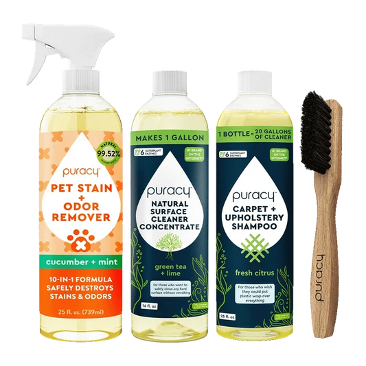 Explore Puracy's Fur Baby Bundle featuring Carpet & Upholstery Shampoo, Surface Cleaner, Pet Stain Remover, and an efficient brush.