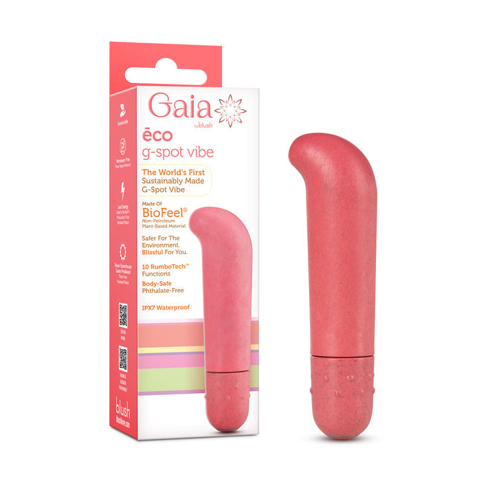 The Blush Gaia Eco G-Spot Vibrator in pink stands upright next to its box, which displays the brand name, product details, and highlights its eco-friendly features.