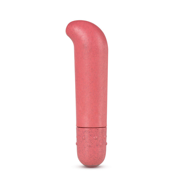The Eco G Spot Vibe by Blush Gaia is a pink, slightly curved silicone vibrator with a smooth finish. It features a rounded tip, textured grip at the base, and its part of the eco-friendly Biofeel™ collection of personal care products.