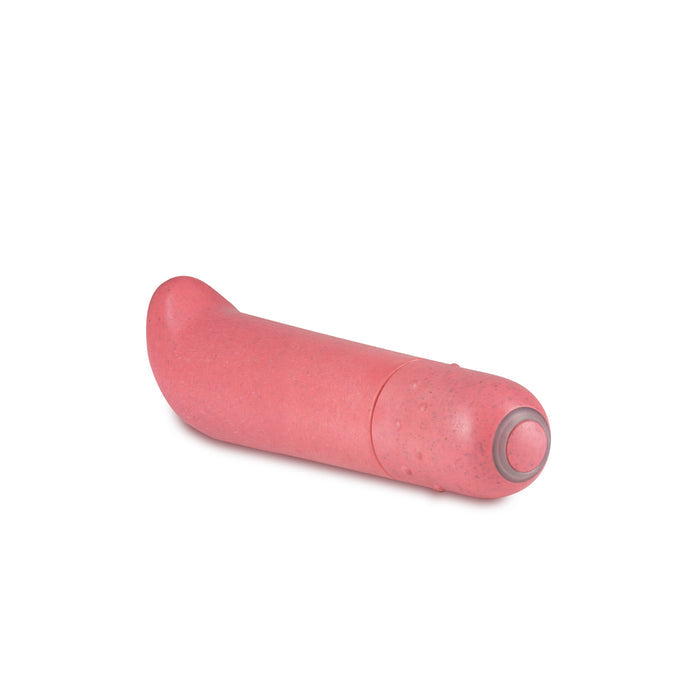 The Eco G Spot Vibe by Blush Gaia is a pink, curved personal massager with Biofeel™ technology. Displayed on a white background, it offers an eco-friendly design, smooth texture, and an easy-to-use base button.