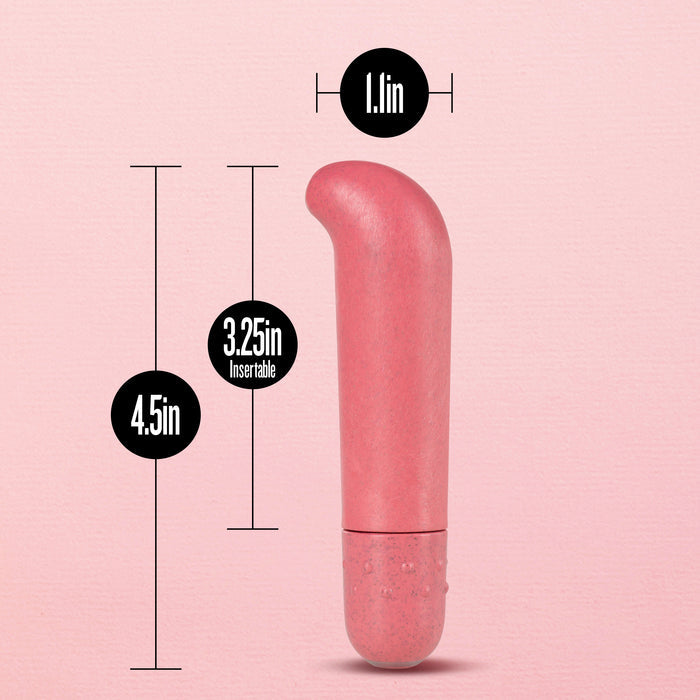 A pink personal massager against a pink background, featuring measurement labels showing 4.5 inches in total length, 3.25 inches insertable, and 1.1 inches in width.