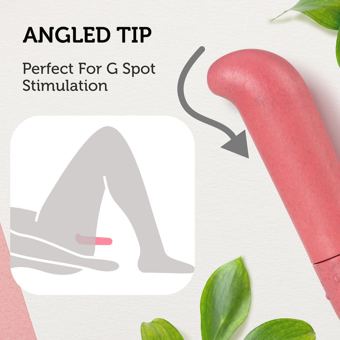 Image of a pink, curved personal product with text highlighting its angled tip for G spot stimulation. Accompanied by a graphic illustration depicting its intended use. Green leaves accent the corners of the image.