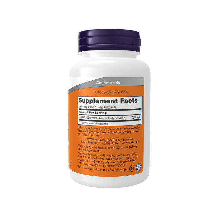 The Illinois-based brand, NOW Foods, offers GABA 750mg - For Neurotransmitter Support in a white bottle with an orange label. Each vegetarian capsule contains 750 mg of GABA and the bottle includes 90 capsules.