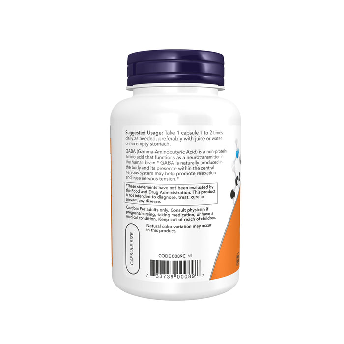 A white bottle with a blue cap, labeled GABA 750mg - For Neurotransmitter Support by NOW Foods, includes suggested usage instructions and a barcode on the mostly unreadable back label.