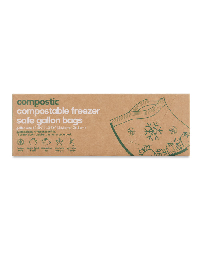 Compostic Gallon Bags come in cardboard packaging featuring eco-conscious green text and snowflake bag line art. The box claims these home-compostable bags break down quicker than an orange peel, with dimensions of 10.56x10.75.