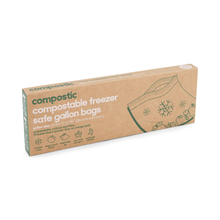 Compostic Gallon Bags, featuring brown packaging with green and white text, are marked safe gallon bags and decorated with snowflakes and produce. The design highlights eco-friendly storage with visible dimensions and environmental icons.