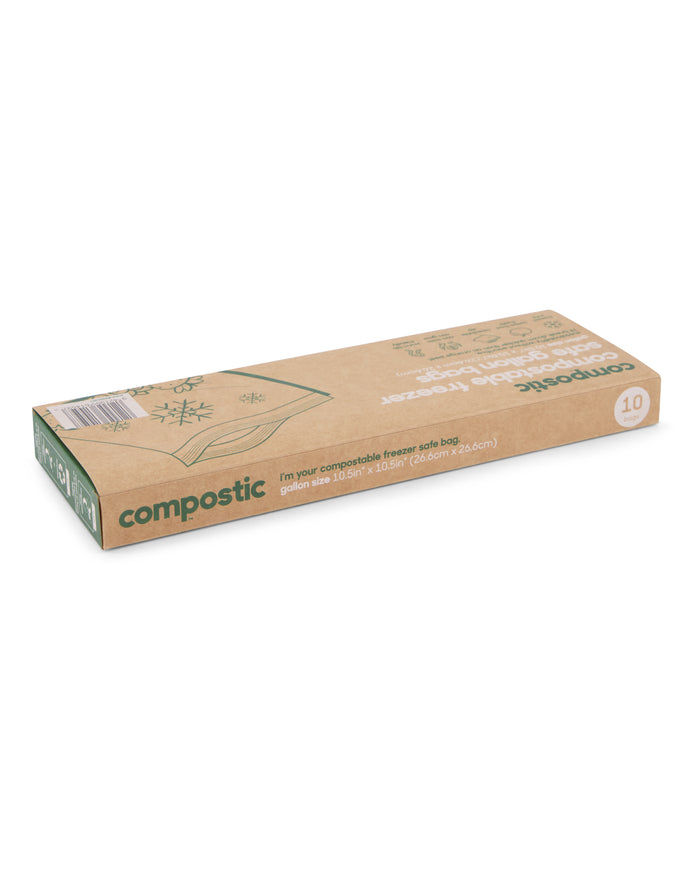 A brown cardboard box labeled Compostic Gallon Bags offers 10 home-compostable freezer bags. Green text and snowflake graphics emphasize eco-friendly storage. Dimensions and product details are printed for convenience.