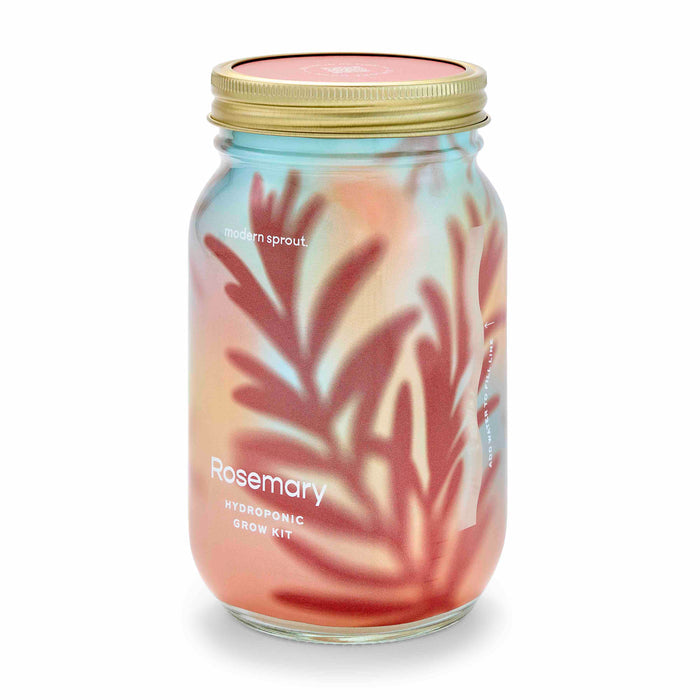 The Garden Jar by Modern Sprout is a glass jar with a gold lid, designed for easy rosemary cultivation. It features an abstract design of blurred warm-toned leaves, perfect for those wanting low-maintenance herb growth and replanting.