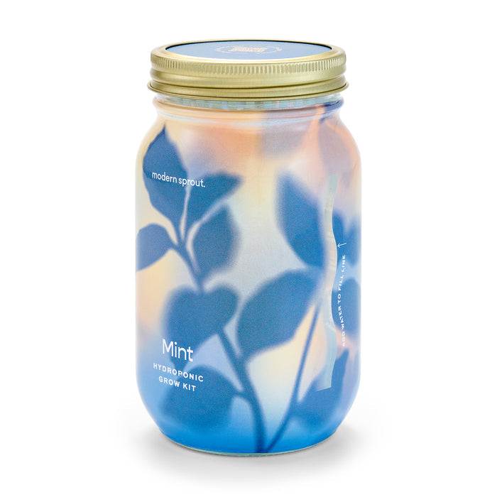 The Modern Sprout Garden Jar features a gold lid and a soft, abstract design in blue and orange hues with plant silhouettes. Ideal for low-maintenance gardening, it promises fresh herbs that can be replanted.