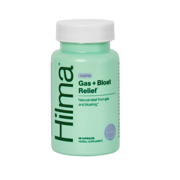 A bottle of Hilma Gas + Bloat Relief is displayed. The green package, clearly marked Drug Free, holds 28 capsules crafted from natural herbs to provide soothing relief for the digestive tract.