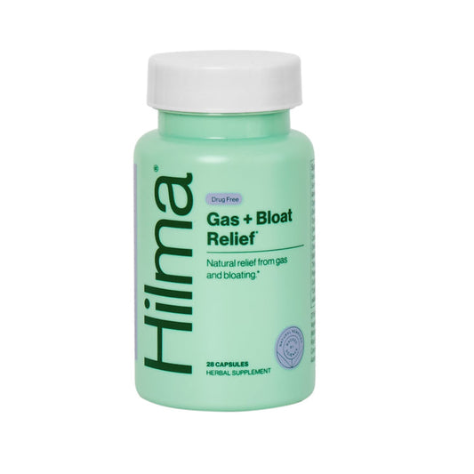 A bottle of Hilma Gas + Bloat Relief is displayed. The green package, clearly marked Drug Free, holds 28 capsules crafted from natural herbs to provide soothing relief for the digestive tract.